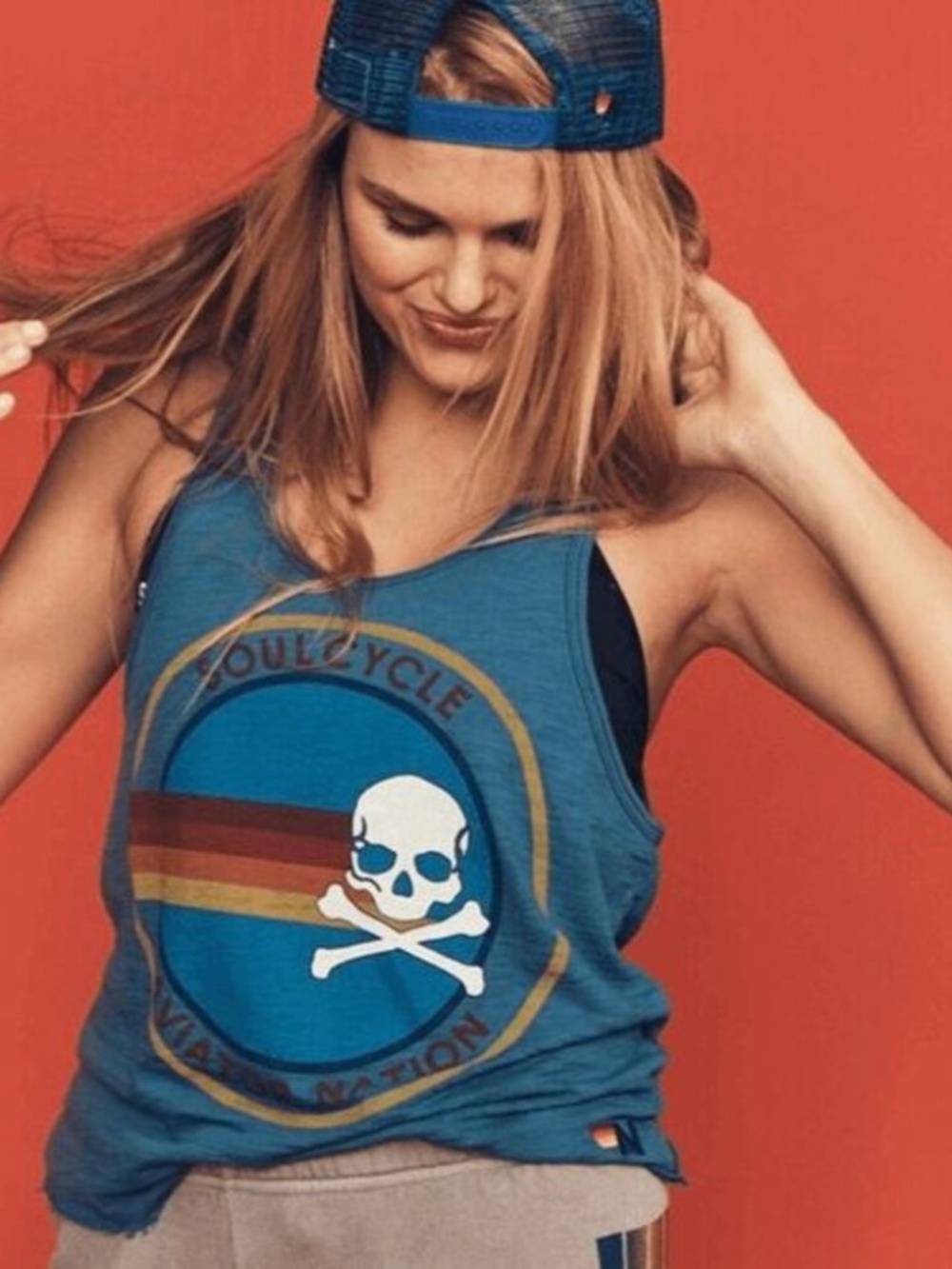 Aviator Nation X Soul Cycle Collab Blue Logo Graphic Skull Tank Top Size L RARE - Picture 5 of 5